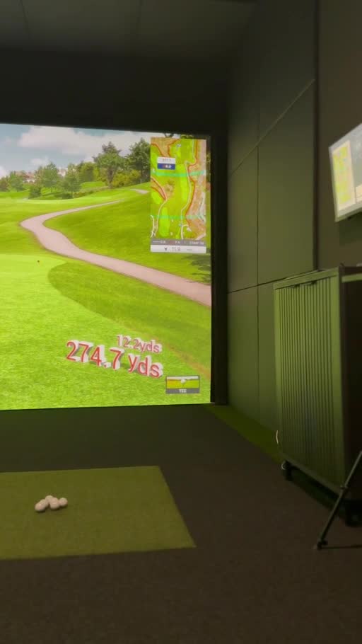 Finished golf practice room with carpeted floor and portable computer stand